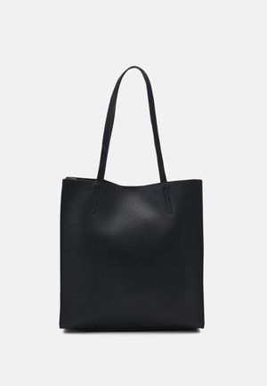 Black leather tote bag with smooth texture, rectangular shape, and two long handles. No visible hardware or embellishments.