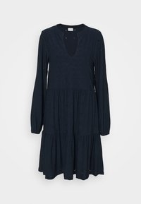 Robe longue à manches longues bleu marine avec un décolleté en V, design à plusieurs niveaux, motif en œillets floraux et coupe décontractée. Texture douce, longueur mi-genoux.