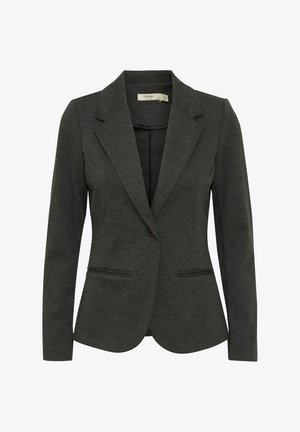 Dark gray blazer with a structured collar, single button closure, two front pockets, and a smooth fabric texture.