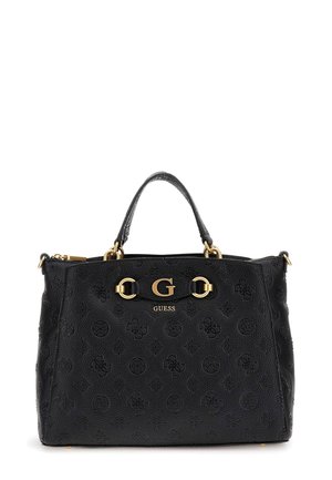 Sort tekstureret Guess håndtaske med præget logo, guld "G" og beslag samt et enkelt topstykke.