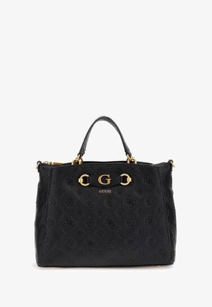 Sort tekstureret Guess håndtaske med præget logo, guld "G" og beslag samt et enkelt topstykke.