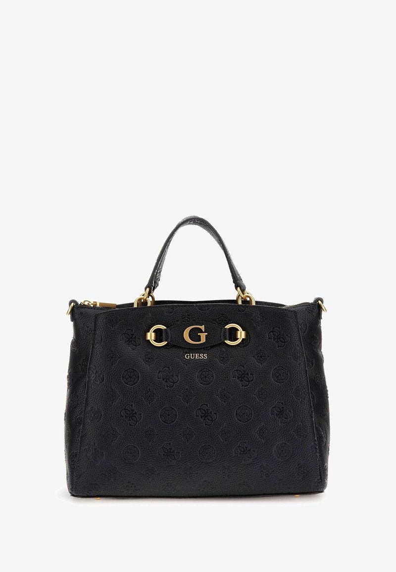 Sac à main texturé noir Guess avec logos embossés, "G" doré et quincaillerie, et une poignée supérieure unique.