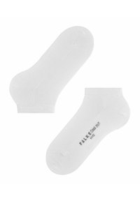 Vita ankelsockor gjorda av ett mjukt, slätt tyg. Har ribbade manschetter och förstärkta hälar och tåpartier. Varumärket tryckt på undersidan.