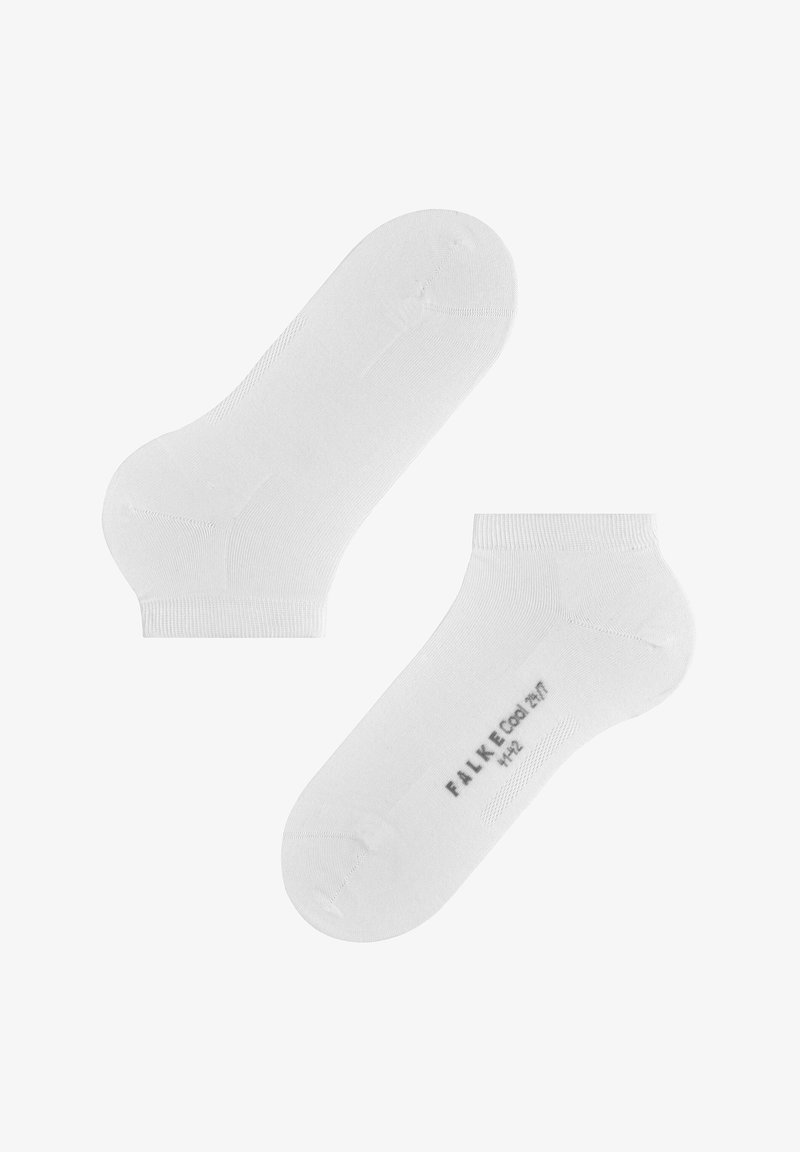 White ankle socks made of a soft, smooth fabric. Features ribbed cuffs and reinforced heel and toe sections. Brand name printed on the bottom.
