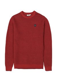 Roter strukturierter Pullover mit rundem Hals und gerippten Bündchen. Mit einem kleinen schwarzen Logo-Patch auf der Vorderseite. Klassische Passform, weiches Material.