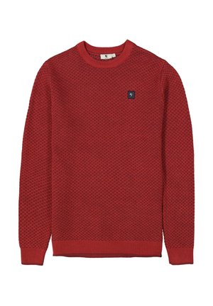 Suéter rojo texturizado con cuello redondo y puños acanalados. Presenta un pequeño parche con el logotipo negro en la parte frontal. Ajuste clásico, material suave.