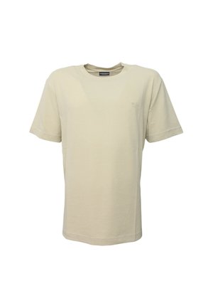 T-shirt in cotone beige con maniche corte, scollo rotondo e un piccolo logo sulla parte sinistra del petto. Texture morbida, design casual.