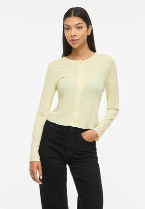 Žena s dugom tamnom kosom, odjevena u blijedožutu vestu s gumbima i crne hlače visokog struka, stoji s jednom rukom u džepu.