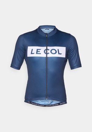 Navy cycling jersey made of smooth, lightweight fabric; short sleeves; front zipper; features white text "LE COL" centered on chest.