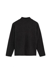 Suéter de manga larga gris oscuro con cuello cerrado, que presenta un patrón de punto texturizado y un corte suelto y amplio. Tejido suave sin costuras prominentes.