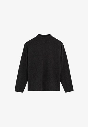 Dark gray long-sleeve sweater with a mock neck, featuring a textured knit pattern and loose, boxy fit. Soft fabric without prominent seams.