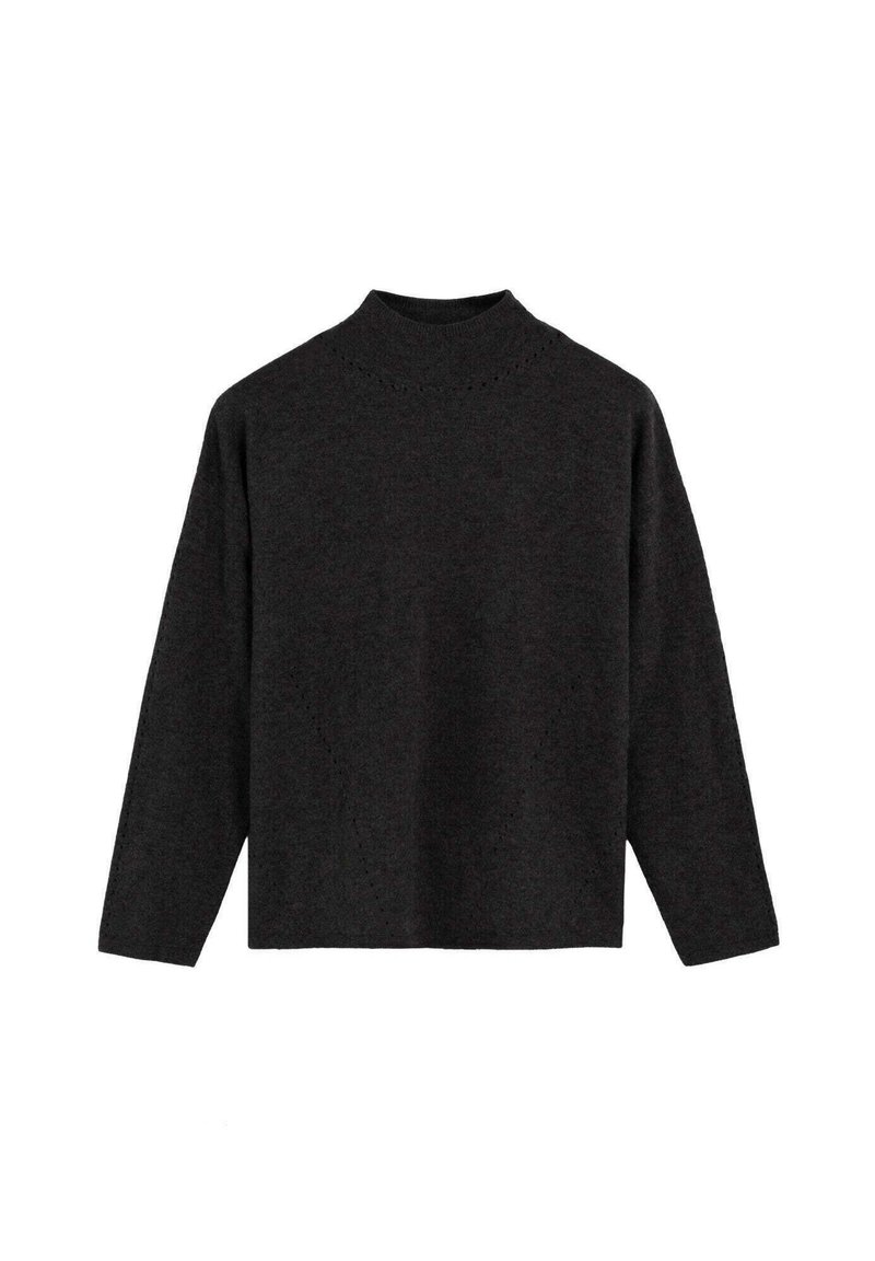Suéter de manga larga gris oscuro con cuello cerrado, que presenta un patrón de punto texturizado y un corte suelto y amplio. Tejido suave sin costuras prominentes.
