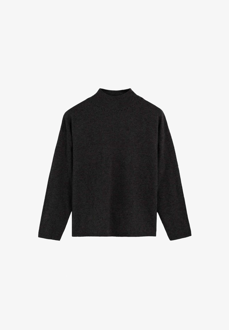 Dark gray long-sleeve sweater with a mock neck, featuring a textured knit pattern and loose, boxy fit. Soft fabric without prominent seams.