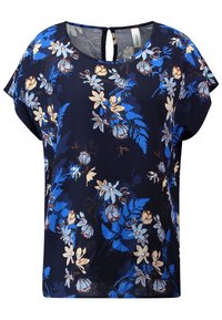 Blumige Bluse mit kurzen Ärmeln, die einen dunkelblauen Hintergrund und blaue, beige sowie weiße Blumemuster aufweist. Enthält ein Schlüsselrücken-Detail.