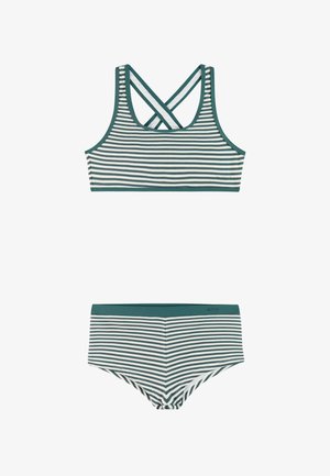 Tweedelig badpak met groen-witte horizontale strepen, voorzien van een sportbeha met kruisbandjes en bikinibroekje met een middenhoge taille.