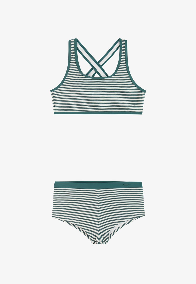 Tweedelig badpak met groen-witte horizontale strepen, voorzien van een sportbeha met kruisbandjes en bikinibroekje met een middenhoge taille.