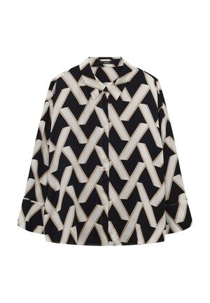 Een overhemd met knopen in zwart en crème, met een geometrisch patroon van afwisselend scherpe lijnen, gemaakt van een gladde stof met een lichte glans.