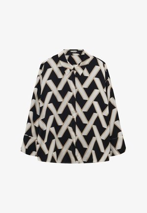 Een overhemd met knopen in zwart en crème, met een geometrisch patroon van afwisselend scherpe lijnen, gemaakt van een gladde stof met een lichte glans.