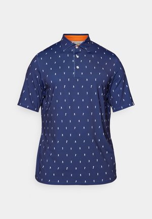 Navy polo shirt made of smooth fabric featuring a white pattern of small figures. Collared design with three buttons and orange inner collar.