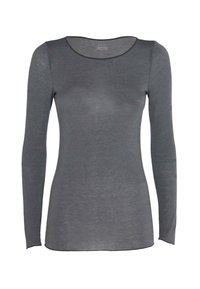 Maglietta a maniche lunghe grigia scura, realizzata in tessuto morbido. Presenta un colletto rotondo con un bordo a contrasto. Design slim e aderente.