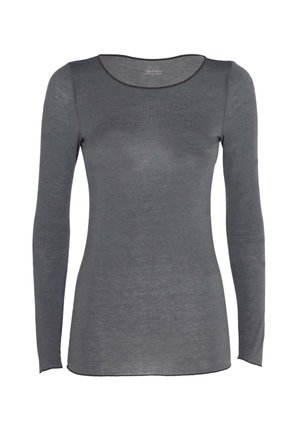 Maglietta a maniche lunghe grigia scura, realizzata in tessuto morbido. Presenta un colletto rotondo con un bordo a contrasto. Design slim e aderente.