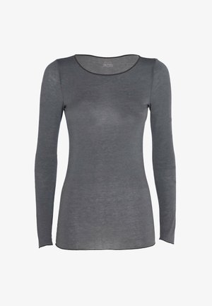 Maglietta a maniche lunghe grigia scura, realizzata in tessuto morbido. Presenta un colletto rotondo con un bordo a contrasto. Design slim e aderente.