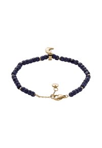 Pulsera en tono dorado con cuentas facetadas de color azul oscuro, con un cierre de langosta y cadena de longitud ajustable para un ajuste seguro.