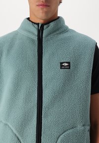 Vesta din fleece albastru deschis, cu guler înalt, fermoar frontal și buzunare laterale; prezintă o etichetă cu logo negru pe pieptul stâng.