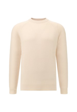 Sweter z prążkowanego materiału w jasnym beżu, z okrągłym dekoltem, długimi rękawami i luźnym krojem. Tkanina ma teksturowany wygląd.
