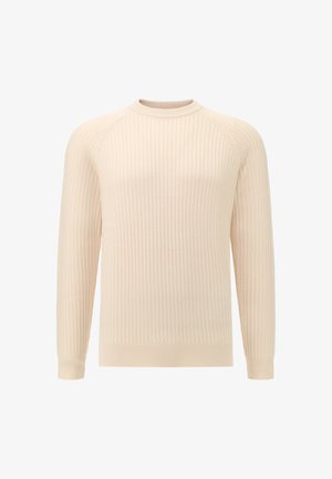 Sweter z prążkowanego materiału w jasnym beżu, z okrągłym dekoltem, długimi rękawami i luźnym krojem. Tkanina ma teksturowany wygląd.