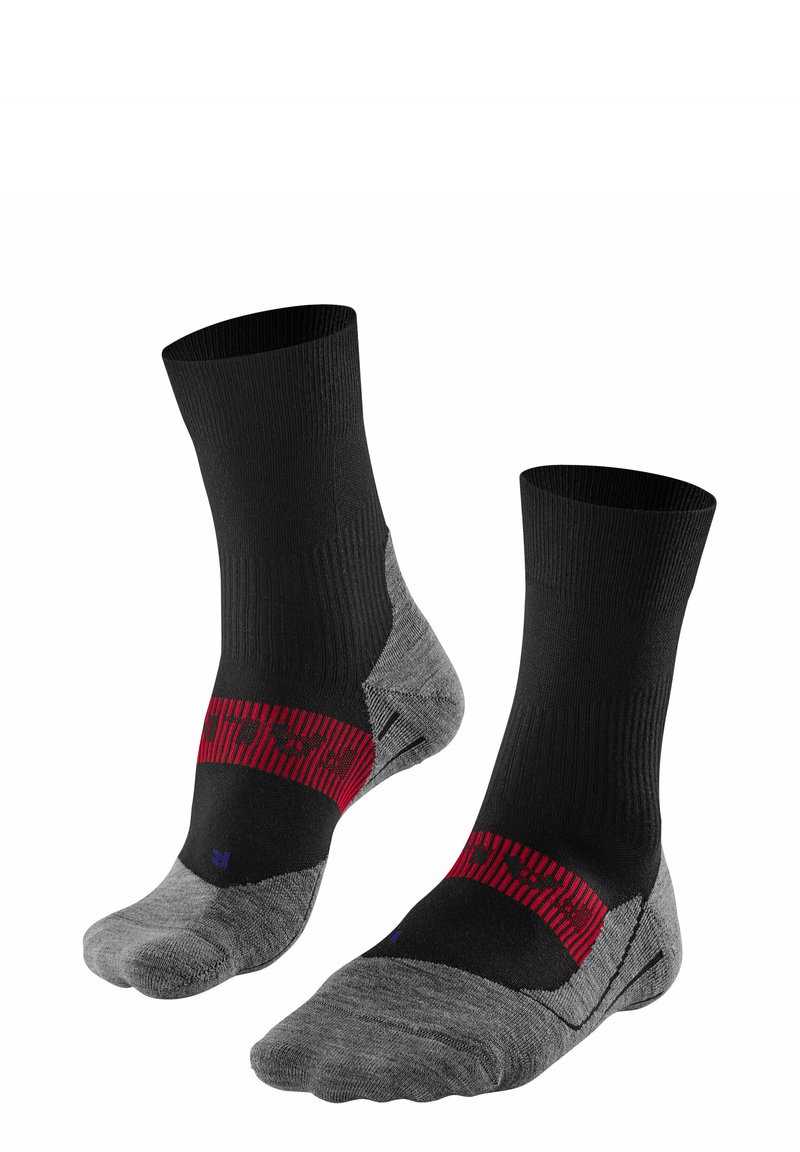Calcetines negros y grises con una parte superior texturizada, banda de rayas rojas, y áreas de talón y puntera reforzadas para durabilidad y comodidad.