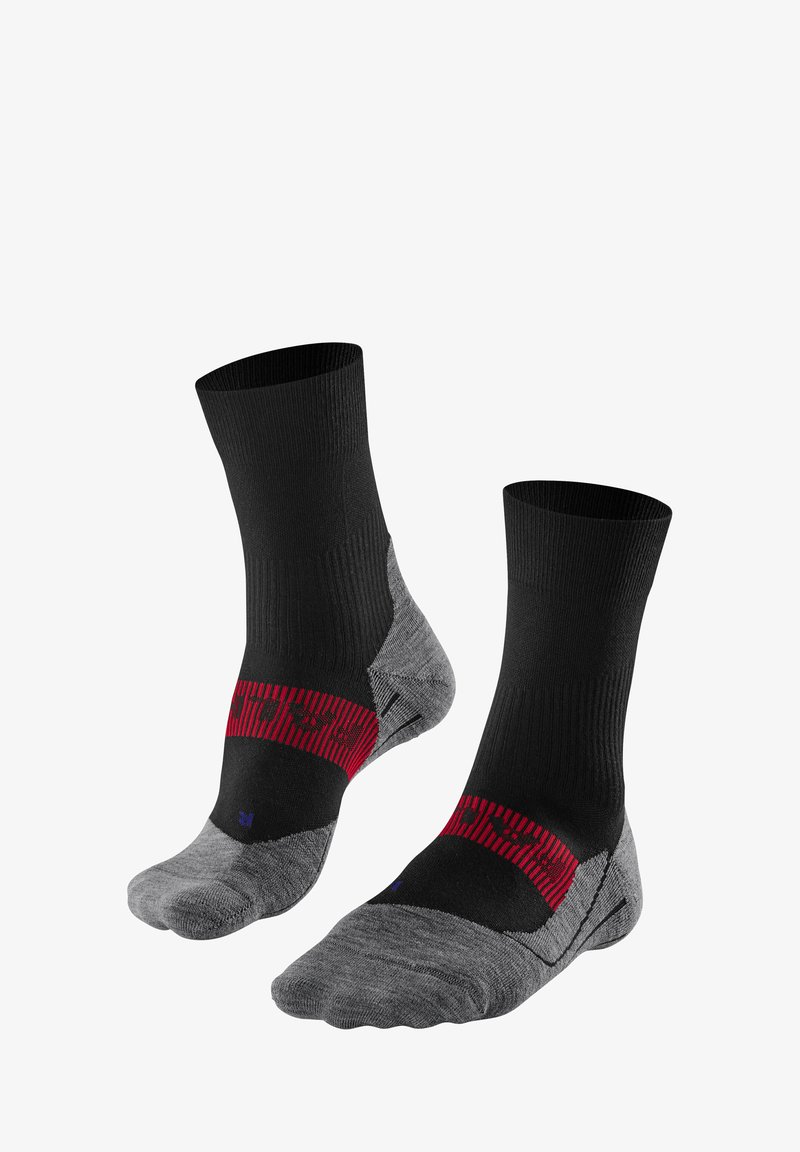 Chaussettes noires et grises avec un dessus texturé, une bande rouge à rayures et des zones renforcées au talon et aux orteils pour une durabilité et un confort accrus.
