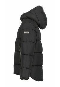 Schwarze Pufferjacke mit Kapuze, seitlichem Reißverschlussfach und gestepptem Design mit horizontalen Abschnitten. Hergestellt aus glattem, leichtem Material.