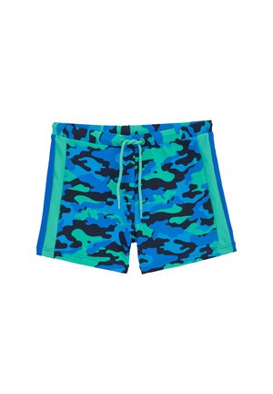Shorts de bain en camouflage bleu et vert avec des accents noirs, dotés d'une taille élastique et d'un cordon de serrage pour un ajustement réglable.