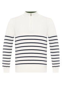 Valkoinen neulepusero, jossa on tummansinisiä vaakaraitoja, korkea kaulus ja lyhyt vetoketju. Pehmeä rakenne, istuvat hihat ja ribbauspäät.