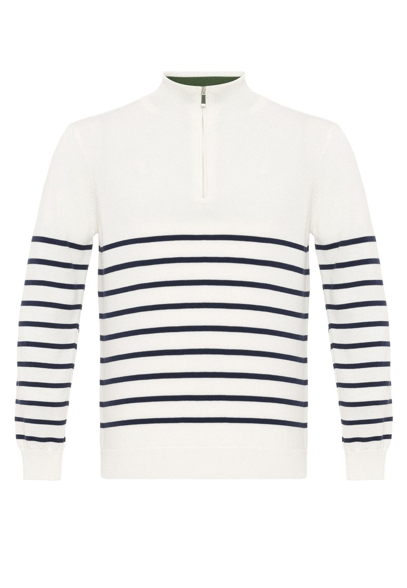 Valkoinen neulepusero, jossa on tummansinisiä vaakaraitoja, korkea kaulus ja lyhyt vetoketju. Pehmeä rakenne, istuvat hihat ja ribbauspäät.