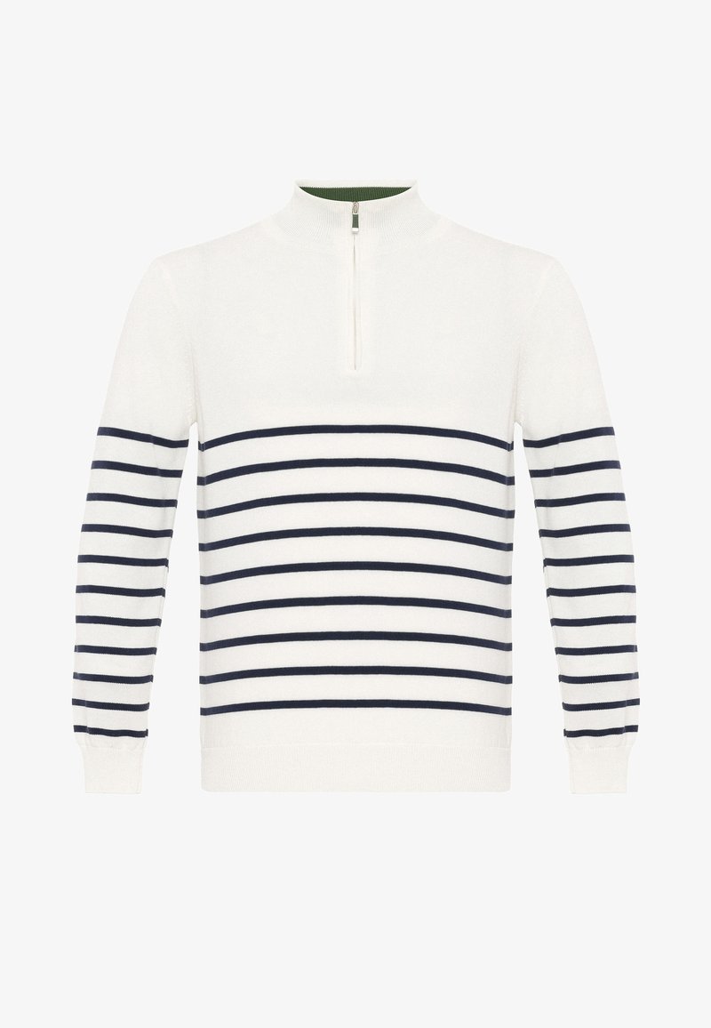 Valkoinen neulepusero, jossa on tummansinisiä vaakaraitoja, korkea kaulus ja lyhyt vetoketju. Pehmeä rakenne, istuvat hihat ja ribbauspäät.