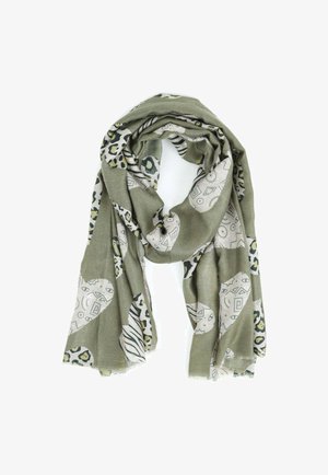 Sciarpa verde oliva con motivi animalier beige, disegni geometrici e bordi frangiati, realizzata in un tessuto leggero e morbido.
