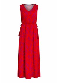 Robe maxi fleurie rouge avec un décolleté en V, sans manches, taille élastique ajustable, et tissu texturé arborant un motif subtil.