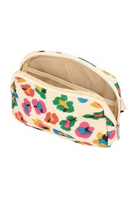 Borsa per cosmetici con motivo floreale in crema e macchie colorate. Presenta una chiusura con zip e due scomparti interni, di cui uno con tasca in rete.