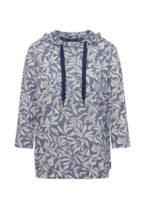 Sudadera con capucha y mangas largas con patrón abstracto de hojas en azul marino y blanco, y cordones azul oscuro en el cuello.