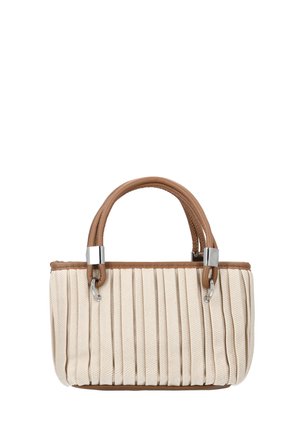 Geantă mică bej cu pliuri verticale, mânere din piele maro și accesorii argintii.
