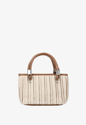 Geantă mică bej cu pliuri verticale, mânere din piele maro și accesorii argintii.