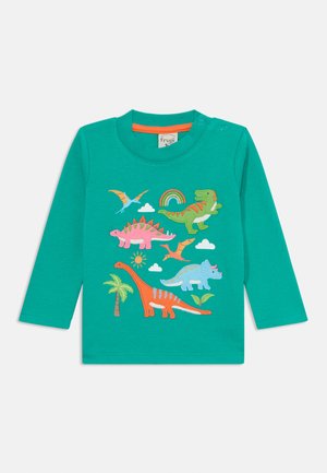 Langarm-Türkises Hemd mit bunten Dinosaurier-Applikationen, einem Regenbogen, Wolken und Palmen. Weiches Baumwollmaterial.