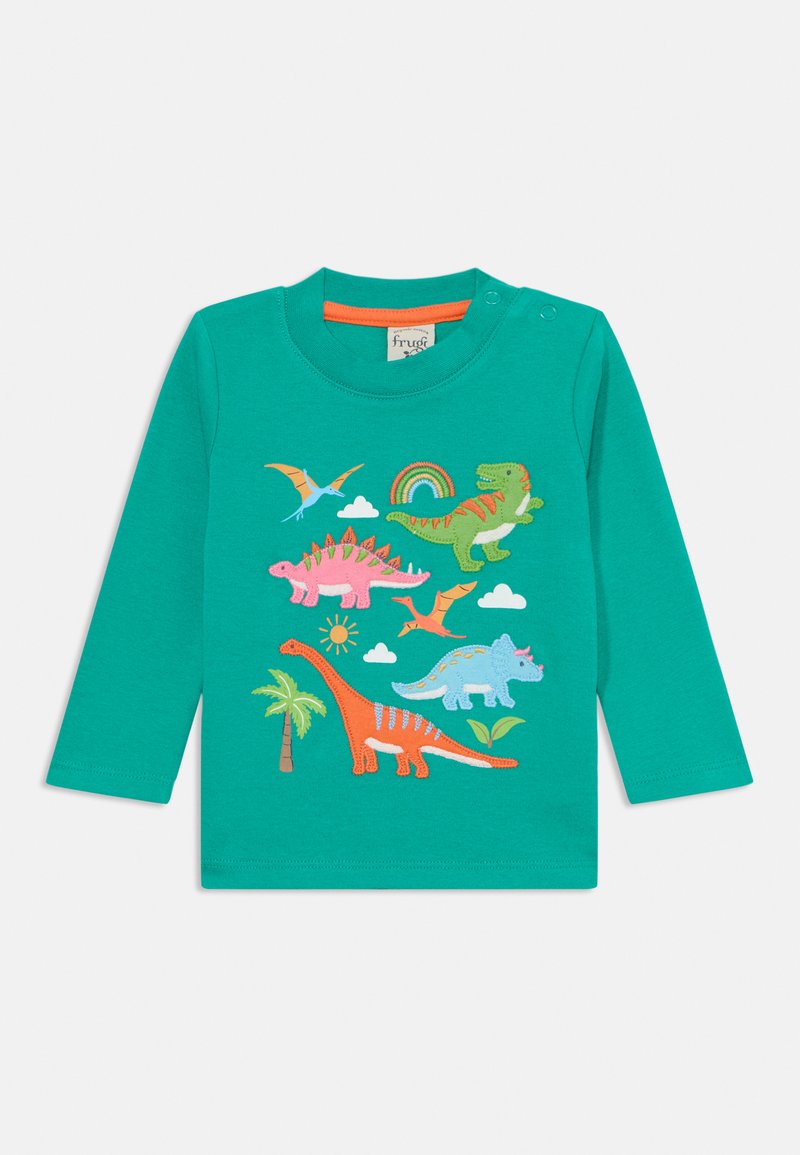 Langarm-Türkises Hemd mit bunten Dinosaurier-Applikationen, einem Regenbogen, Wolken und Palmen. Weiches Baumwollmaterial.