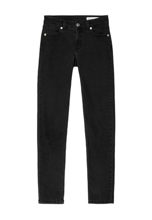 Zwarte denim jeans met een slim fit, vijf-pocket design, metalen klinknagels en een subtiele vervagingstructuur. Schoon gesneden zonder zichtbare branding.