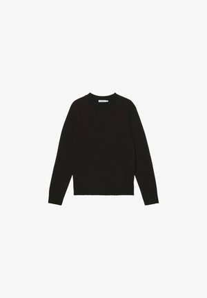 Jersey negro de punto con mangas largas, puños, bajo y cuello redondo canalé sobre fondo blanco.