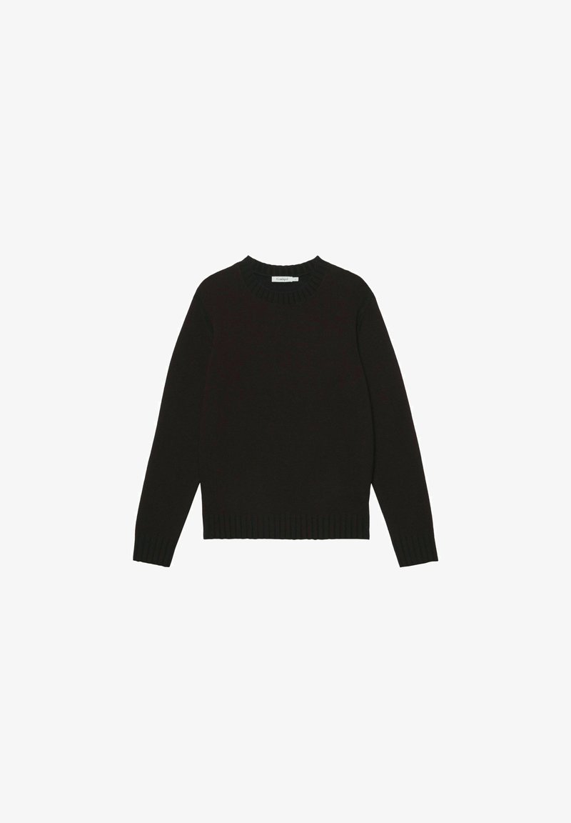 Pull en maille noir à manches longues avec poignets, ourlet et encolure ronde côtelés sur fond blanc.
