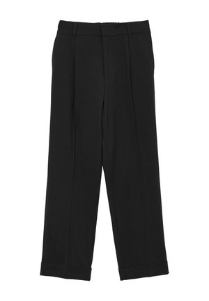 Pantaloni neri con un design sartoriale, pieghe, gamba dritta e risvolti, realizzati in un tessuto liscio e testurizzato.