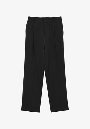 Pantaloni neri con un design sartoriale, pieghe, gamba dritta e risvolti, realizzati in un tessuto liscio e testurizzato.